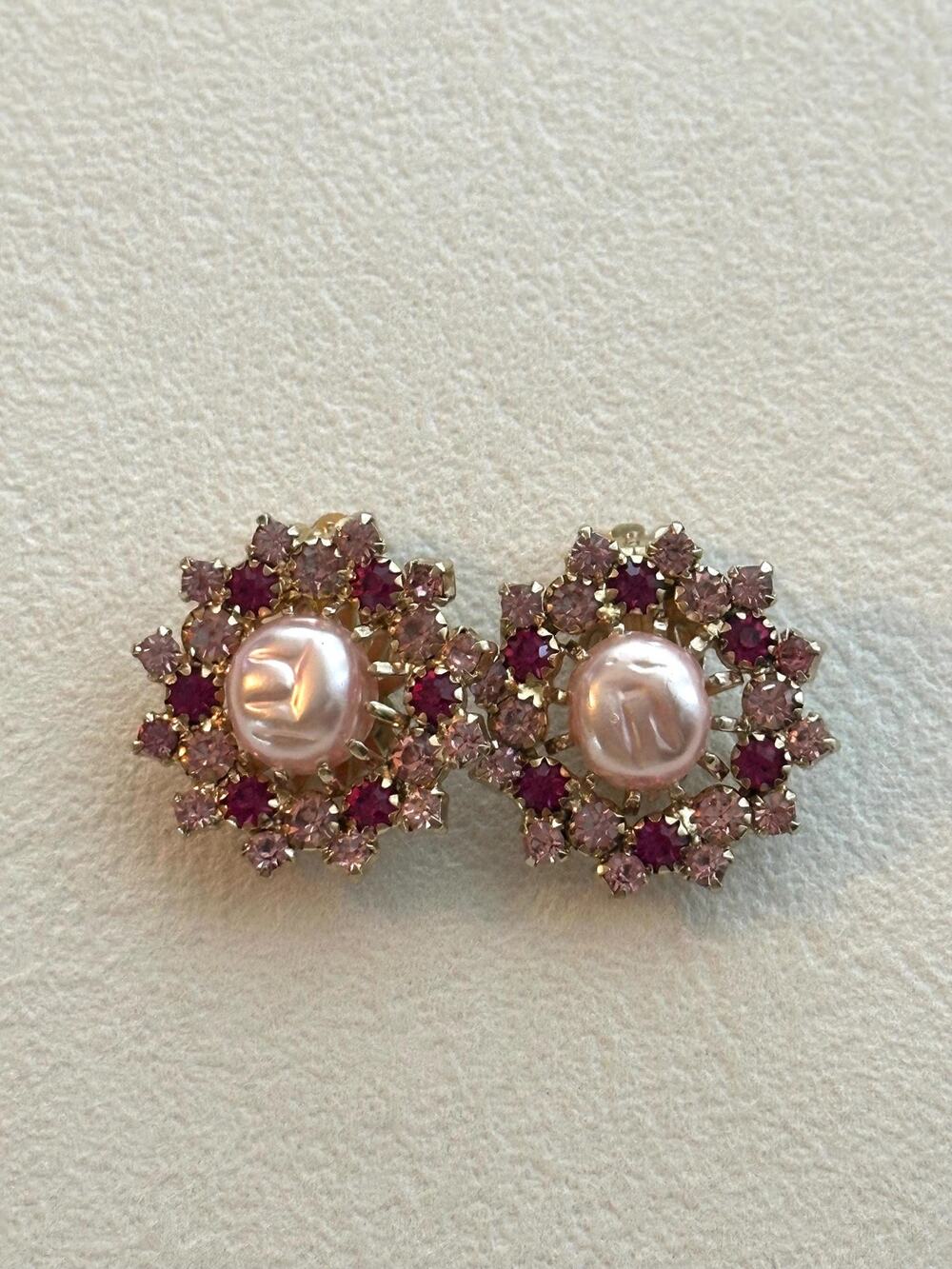 Weiss Pink Rhinestone & Faux Baroque Pearl Clip-On vintage Earrings signed